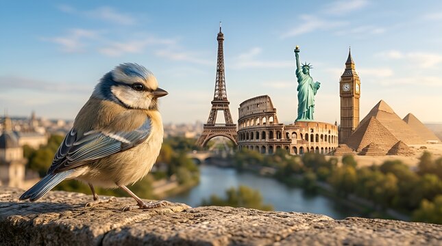 Bird Perched Over World Landmarks Collage: Eiffel Tower, Statue of Liberty, Big Ben, Colosseum