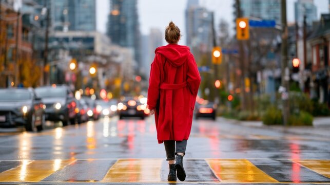 Woman in Red Coat Walking Down Moody Urban Avenue During Rainy Evening in Downtown City