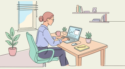Obraz premium Woman working at desk with laptop in cozy home office, vector illustration