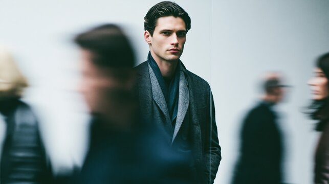 High Fashion Editorial Portrait of Handsome Young Man Amid Motion Blurred Crowd, Minimal Urban Background with Large Copy Space, Cinematic Luxury Advertising Concept