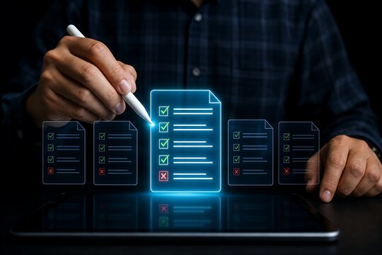Professional individual interacts with a futuristic digital checklist interface highlighting task management and productivity tools