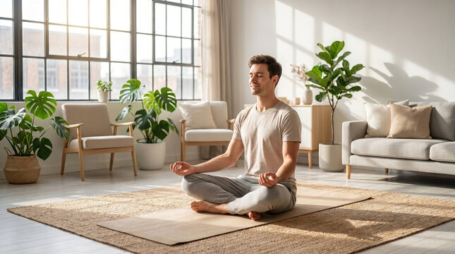 Young Man Practicing Yoga Meditation and Mindfulness in Minimalist Apartment Living Room