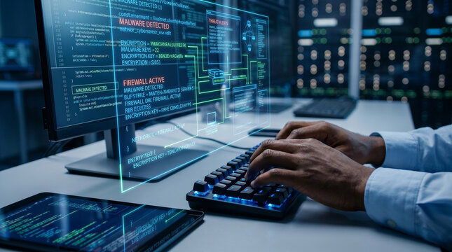 IT Specialist Typing Code with Futuristic Cyber Security Binary Interface Reflection