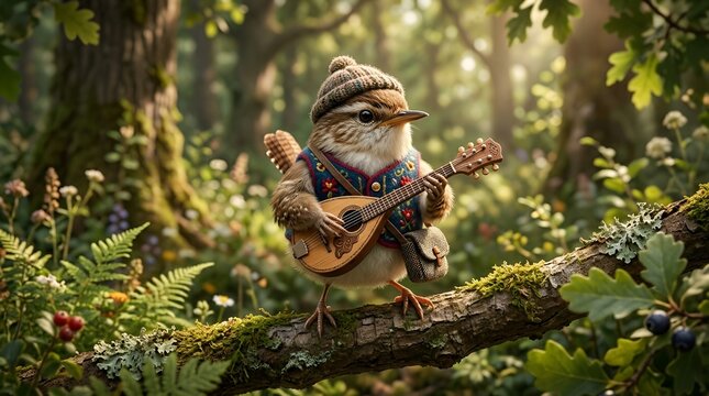 Cute Bird Playing Guitar in Enchanted Forest
