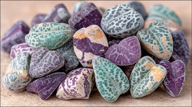 Group of colorful living stones succulent plants known as lithops on neutral background