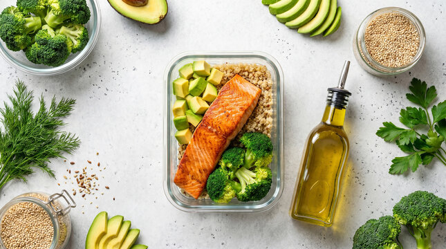 Top Down Flat Lay View of Fresh Ingredients and Salmon Meal Prep on Kitchen Counter