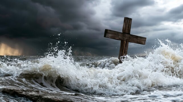 Wooden Cross Standing Amid Crashing Waves and Dark Stormy Clouds Over Turbulent Ocean Scene