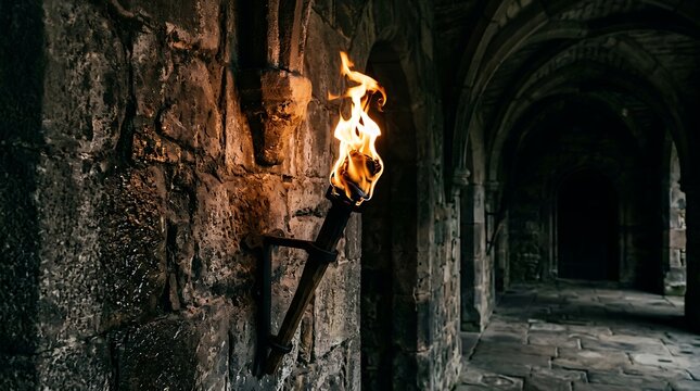 Burning torch on stone wall in dark medieval corridor