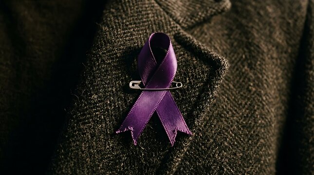 Purple awareness ribbon pinned on a dark textured jacket lapel