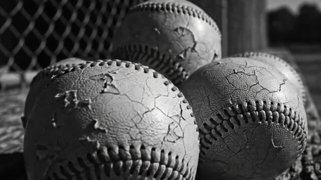 Close-up of weathered baseballs resting on a wooden surface beside a chain link fence in black and white.