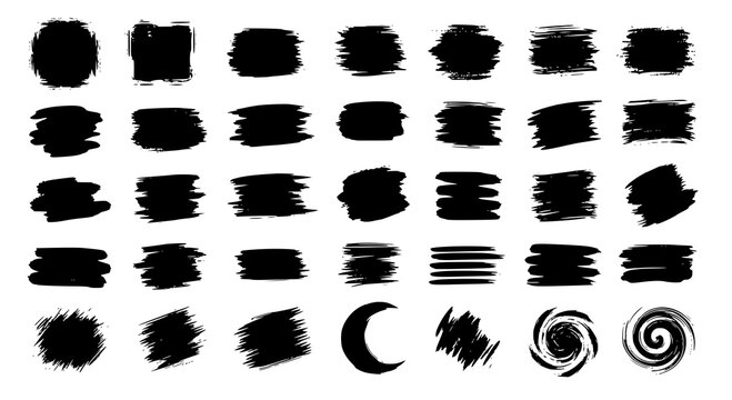 Paint brush strokes. Black vector rough edge rectangles. Grunge square frames set. Jagged edge torn paper background collection. Grungy distressed text boxes. Transparent background PNG version.