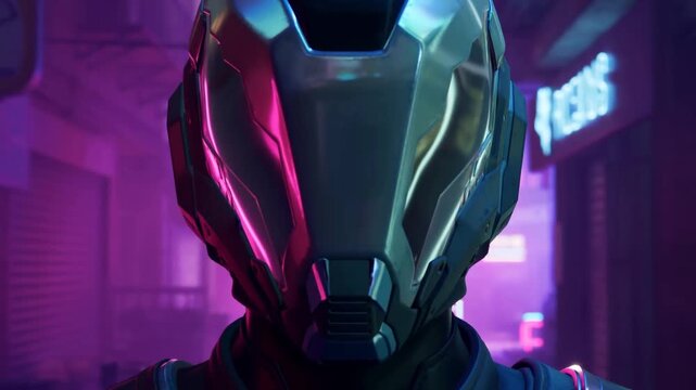 Tracking shot of futuristic armored soldier helmeted android slowly dolly in revealing portrait in neon backstreet alley at night