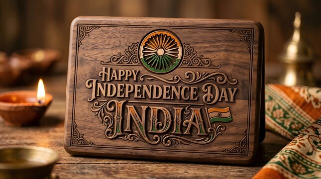 Intricate wooden plaque commemorating indian independence day with ashoka chakra and traditional ornamentation