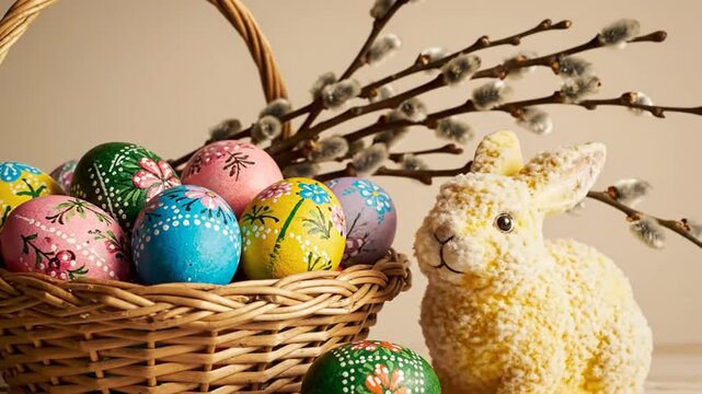 Easter still life scene with decorated eggs, bunny figurine, pussy willow branches, and basket against soft beige background.