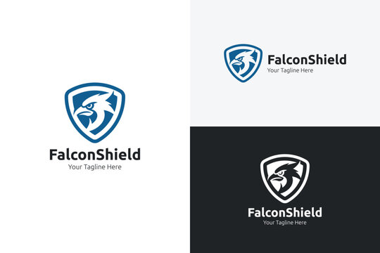 Falcon shield logo design template with eagle head mascot