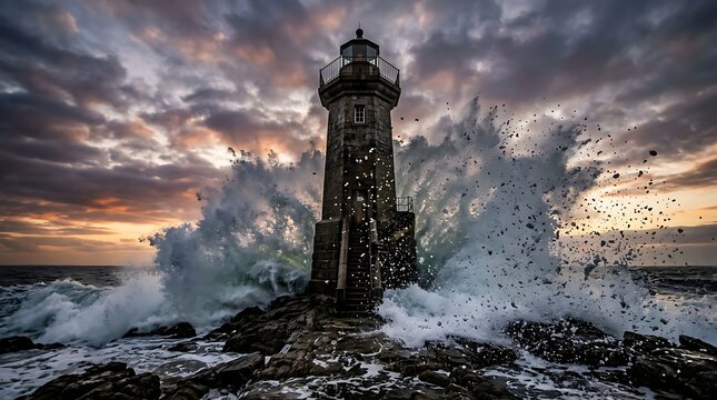Dramatic ocean wave crashing against a stone lighthouse at sunset