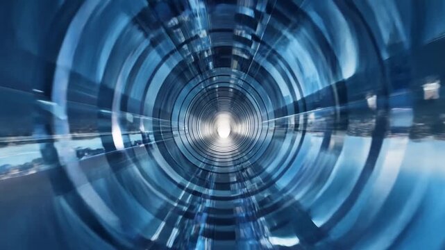 Tracking shot through reflective circular tunnel of inverted city skyline moving forward toward bright vanishing point in urban waterfront setting