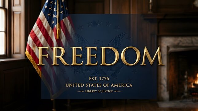 Patriotic american freedom graphic with flag and gold lettering