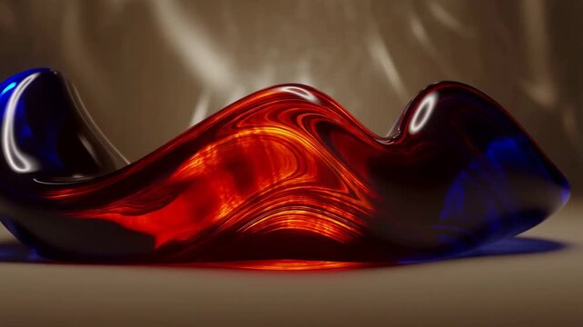 Slow dolly tracking shot of glass sculpture shimmering and glowing on tabletop studio backdrop with warm red orange blue reflections