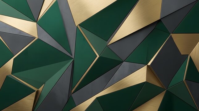 Luxurious 3d geometric pattern with dark green gold and grey triangles for high end interior design and decor