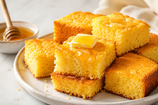 Cornbread squares with honey butter, modern Southern food advertising style, warm clean lighting