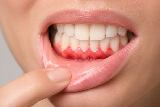 Close up of inflamed bleeding gums near teeth, representing gingivitis, periodontal disease, oral hygiene problems, dental health and gum care