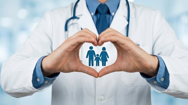 Doctor forming a heart shape around a family symbol, representing family healthcare, medical insurance, patient protection, primary care and preventive medicine