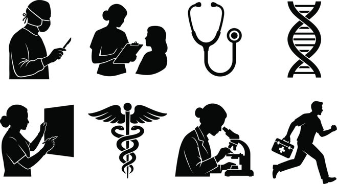 Medical icons and healthcare silhouettes set featuring doctor nurse patient stethoscope microscope dna helix and paramedic isolated on white background