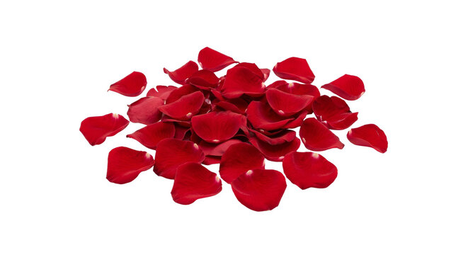 A scattered pile of vibrant red rose petals on a clean white background