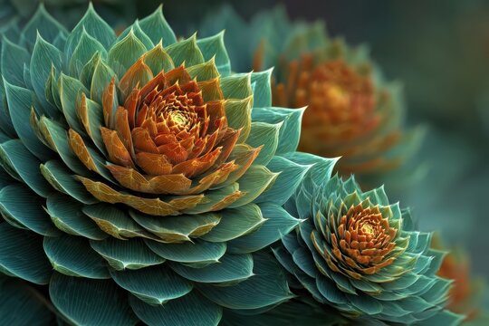Succulent Spiral Bloom: An intricate succulent plant displays a captivating spiral pattern of teal leaves surrounding a warm, burnt orange center.