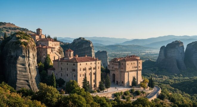 Ancient monasteries perched atop sandstone pillars against a mountain backdrop