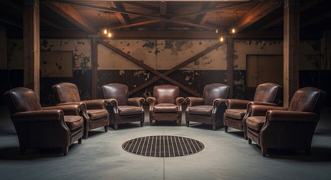 Leather armchairs in a circle within a rustic industrial space