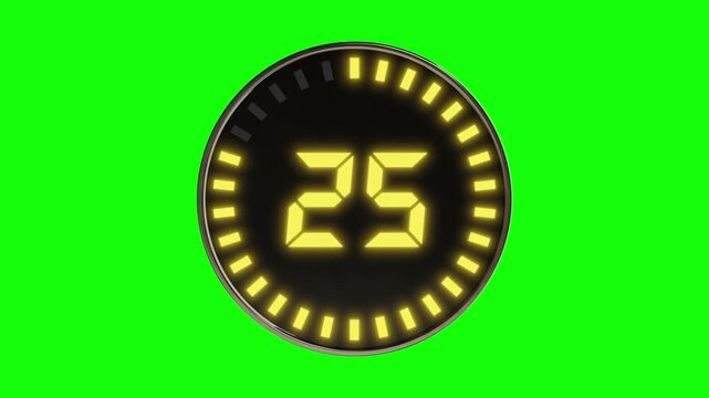 30秒から0秒までカウントダウンするストップウォッチの数字,円,デジタル,3D,CGメーター,グリーンスクリーン,Stopwatch digits counting down from 30 seconds to 0 seconds, circle, digital, 3D, CG meter, green screen