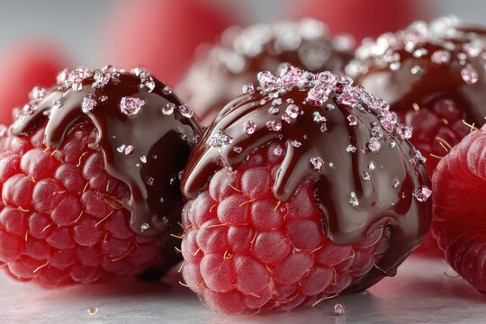 Decadent Chocolate Raspberry Delight: Close-up of fresh, ripe raspberries drizzled with rich dark chocolate and sprinkled with sparkling sugar, a sweet and indulgent treat.