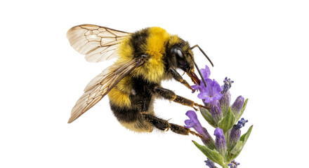 Close-up of a fuzzy bumblebee collecting nectar from a vibrant purple lavender flower © Sapphire