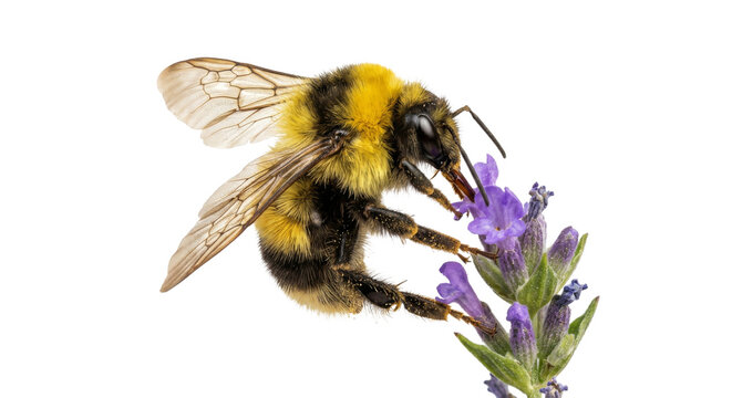 Close-up of a fuzzy bumblebee collecting nectar from a vibrant purple lavender flower