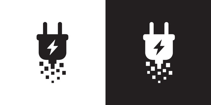 Electrical Plug Silhouette Lightning Bolt and Pixelated Base in Black and White Minimalist Style - Modern Power Energy Charger Cable Symbol, Abstract Electronic Voltage Graphic, and Digital Socket 