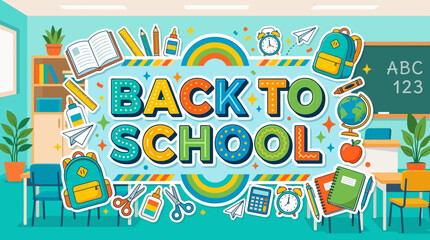 Naklejka premium Back to School Colorful Classroom with Supplies and Rainbow