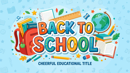 Fototapeta premium Back to School Colorful Illustration with Backpack, Books, Globe & Stationary