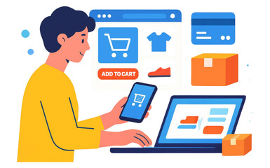 Fototapeta premium Man shopping online with laptop and mobile phone