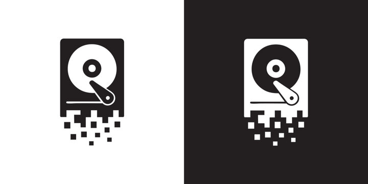 Hard Drive Silhouette Shredded Data Fragmentation in Black and White Minimalist Style - Modern Computer HDD Memory Storage Symbol, Abstract Digital Information Destruction Graphic