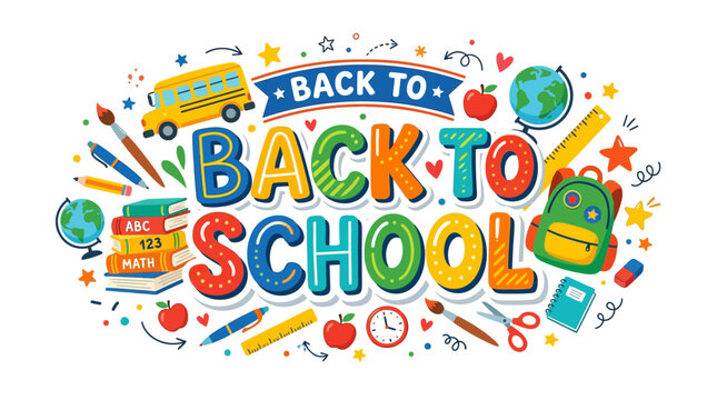 Back to School colorful illustration with school supplies, bus, books, globe, backpack