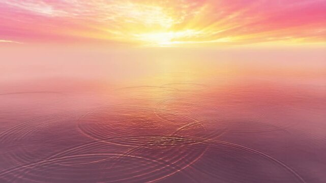 Tranquil sunrise over misty ocean with rippling water patterns emerge in golden light