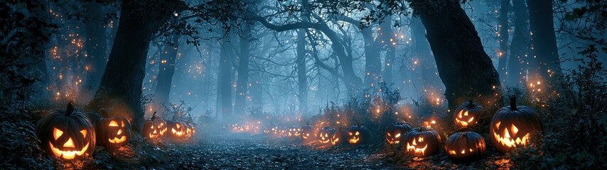 Fototapeta premium The ultimate spooky forest panorama, a line of carved pumpkins receding into a misty ancient woodland, glowing like fire in the dark, mysterious blue fog, ultra-wide frame for banner use