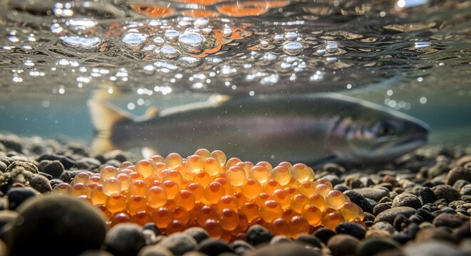 Underwater view of orange salmon eggs on riverbed gravel with fish swimming in background.