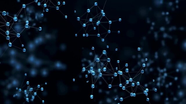 Dynamic movement of connected blue particles forming a network on a dark background