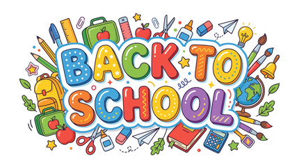 Naklejka premium Colorful Back to School Text with Supplies and Icons - Fun Education Illustration