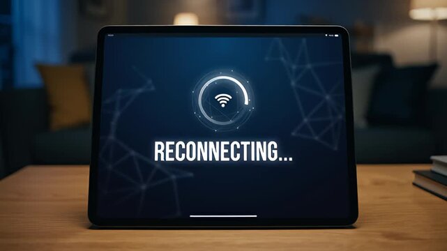 Tablet on a table showing a wifi reconnecting screen in a dark room
