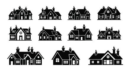 Fototapeta premium Black Silhouette House Set Various Architectural Styles