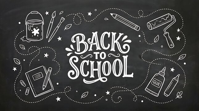 Back to school chalkboard illustration with art supplies chalkboard education supplies classroom learning academic notebook creative typography decorative knowledge